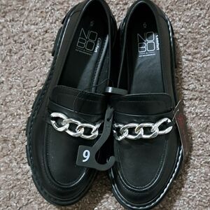 NOBO Women's Black Loafers with Silver Chain